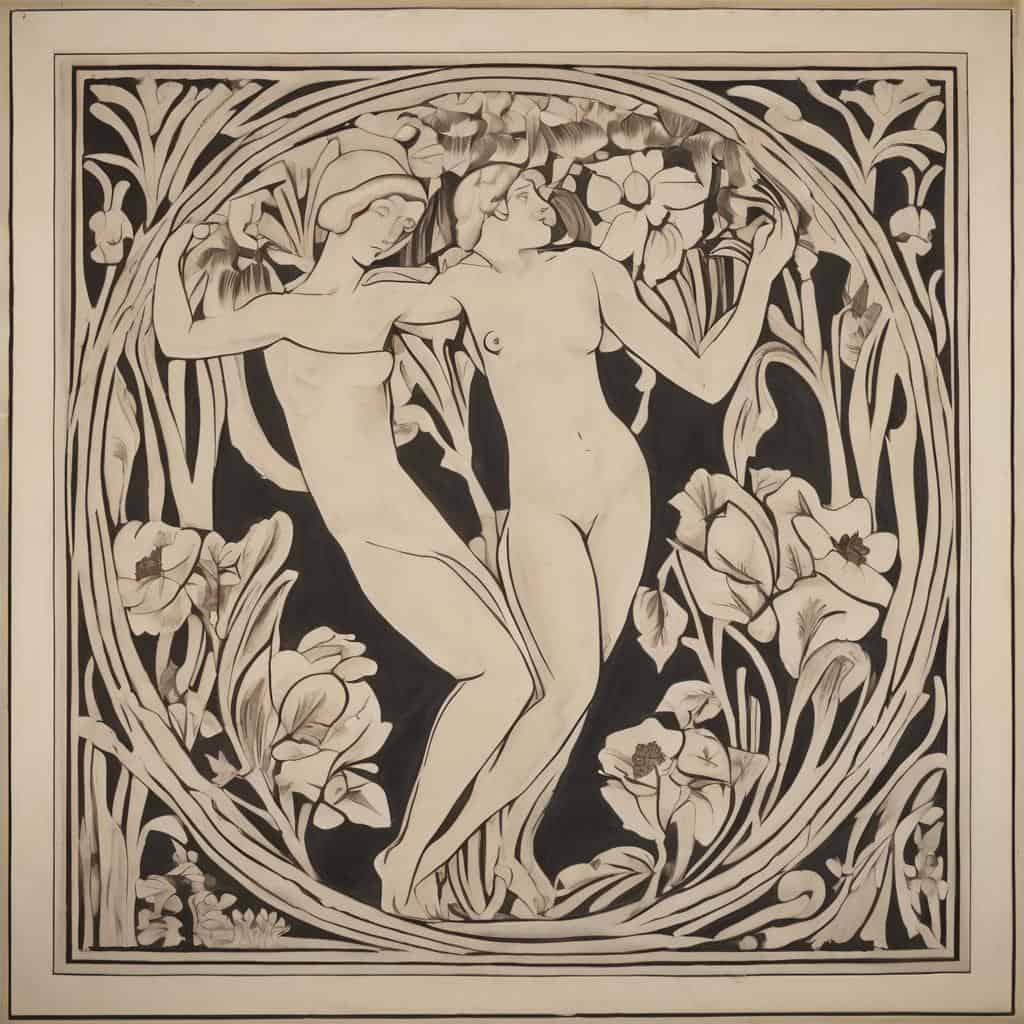 Ο ήρωας και η ηρωίδα σε κομψό καλλιτεχνικό σχέδιο με λουλούδια και φύλλα, ανδρική και γυναικεία φιγούρα σε αρμονική σύνθεση.