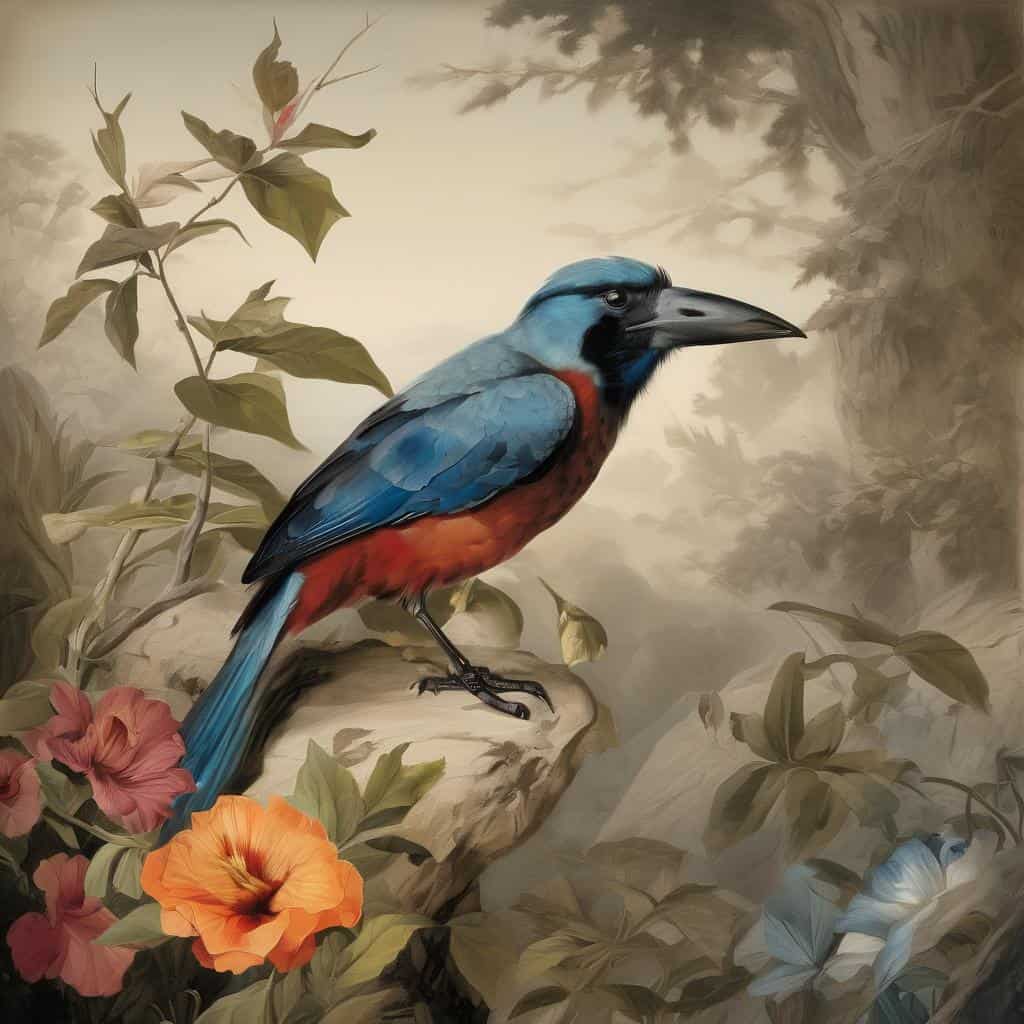 Συννεφιασμένο πουλί παγώνι σε μολυβί τοπίο, με λουλούδια και φυσικό περιβάλλον.