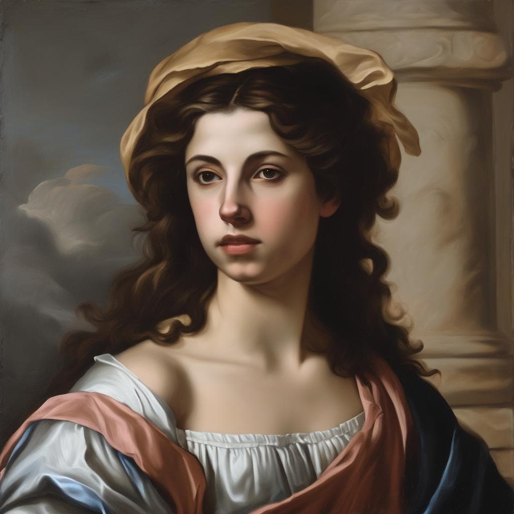 Αρχαιοελληνική πορτρέτο γυναίκας με καστανά μαλλιά, σε κλασικό στυλ, με γλυκό και μυστηριωδές ύφος.